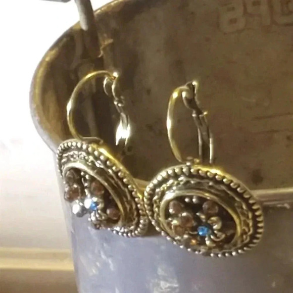 Antique Brass Orange Blue Rhinestone Art Nouveau Style Leverback Earrings - Picture 9 of 12